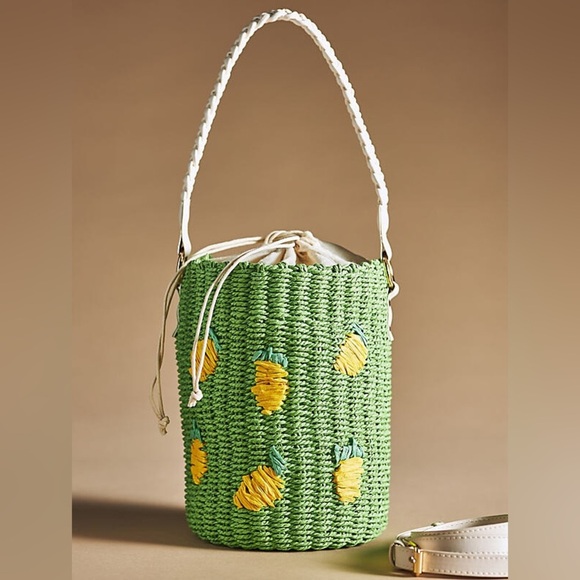 Anthropologie By Anthropologie Raffia Straw Lemon Fruit Bucket Bag Green NWT - Picture 2 of 12